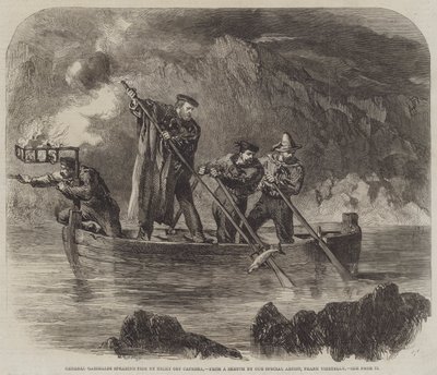 カプリラ沖の夜にガリバルディ将軍が槍で槍を投げる 作： Frank Vizetelly